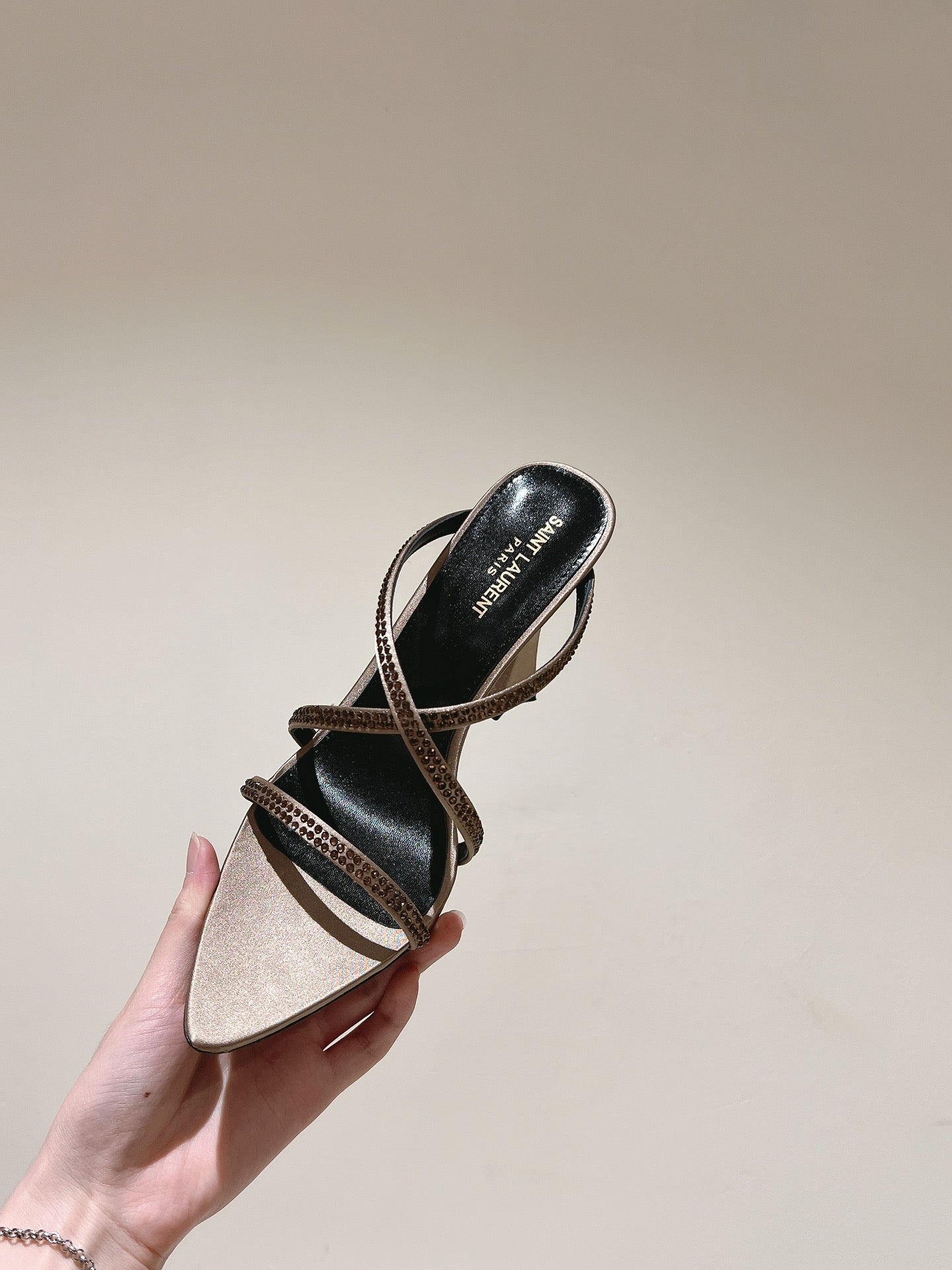 HIGH HEEL MULE 10 CM IN CAMEL BEIGE SATIN WITH RHINESTONES - 35