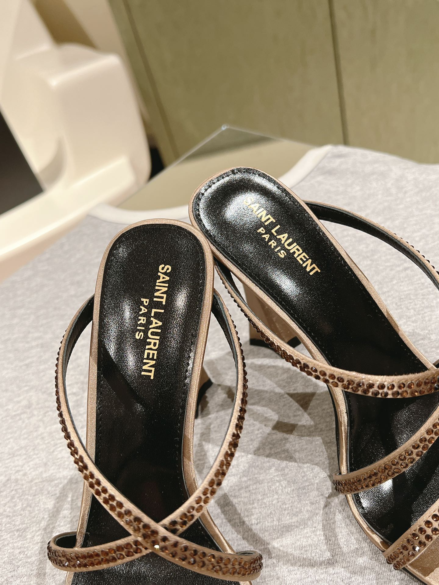 HIGH HEEL MULE 10 CM IN CAMEL BEIGE SATIN WITH RHINESTONES - 35