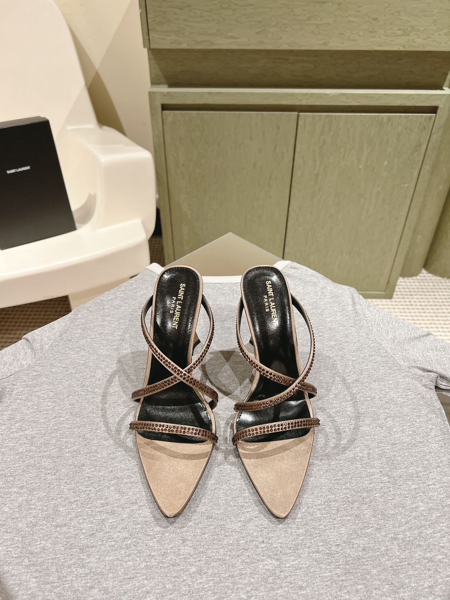 HIGH HEEL MULE 10 CM IN CAMEL BEIGE SATIN WITH RHINESTONES - 35
