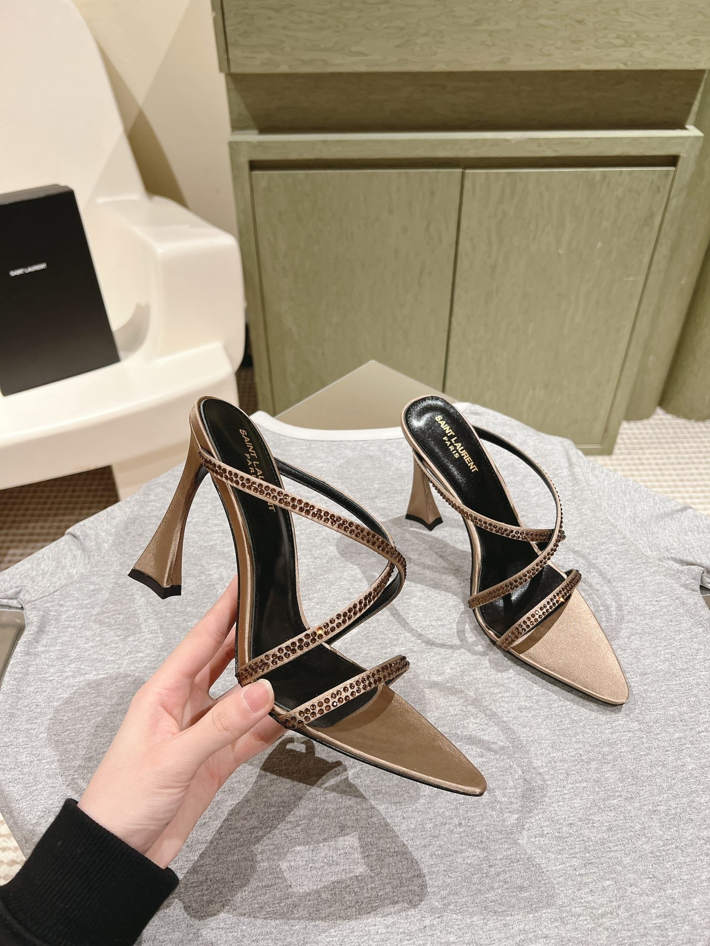 HIGH HEEL MULE 10 CM IN CAMEL BEIGE SATIN WITH RHINESTONES - 35