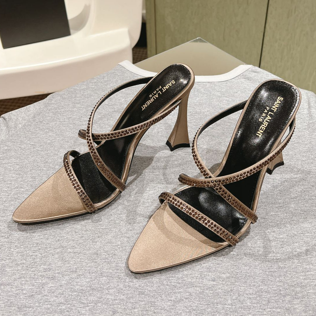 HIGH HEEL MULE 10 CM IN CAMEL BEIGE SATIN WITH RHINESTONES - 35