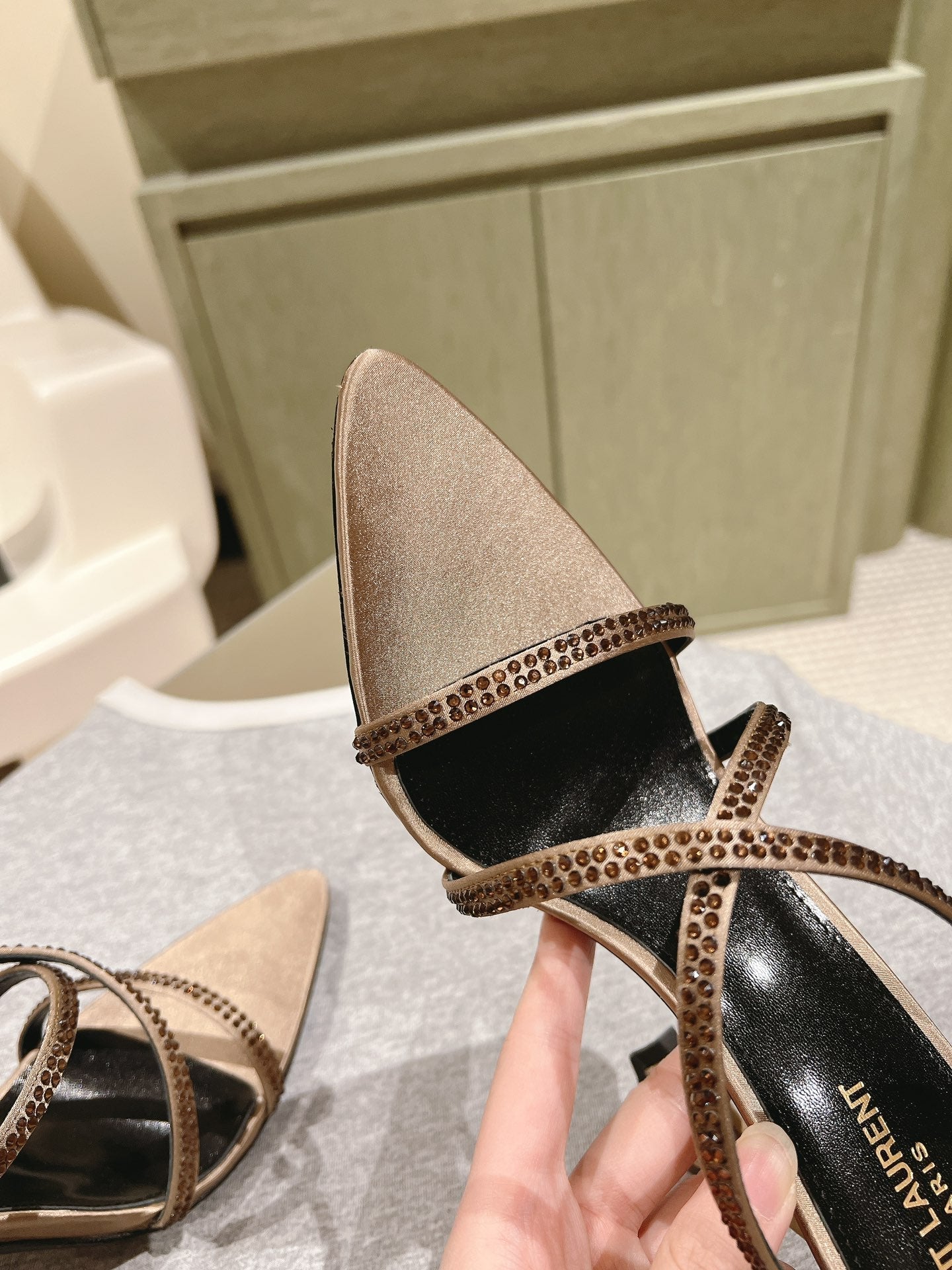 HIGH HEEL MULE 10 CM IN CAMEL BEIGE SATIN WITH RHINESTONES - 35