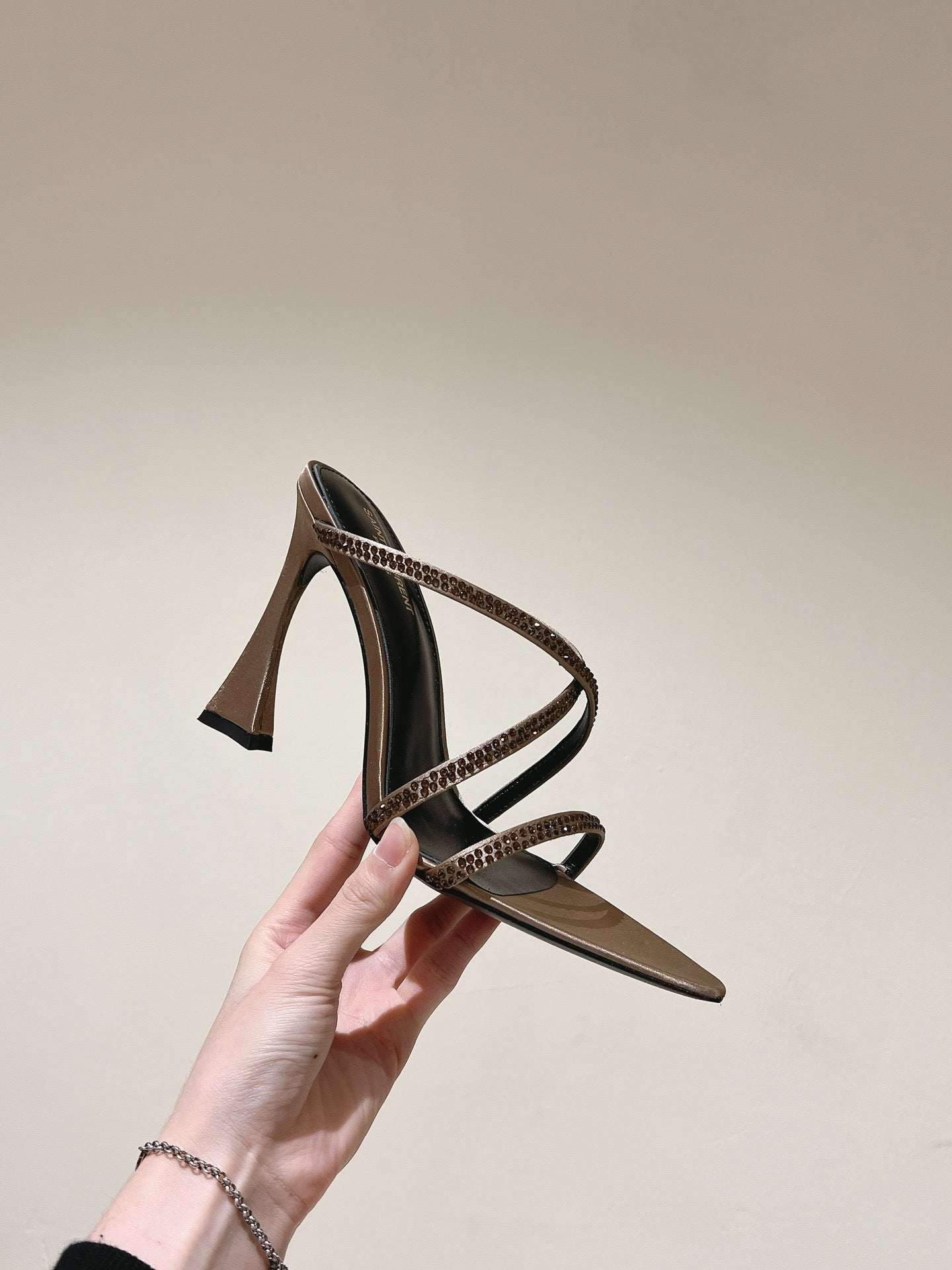 HIGH HEEL MULE 10 CM IN CAMEL BEIGE SATIN WITH RHINESTONES - 35