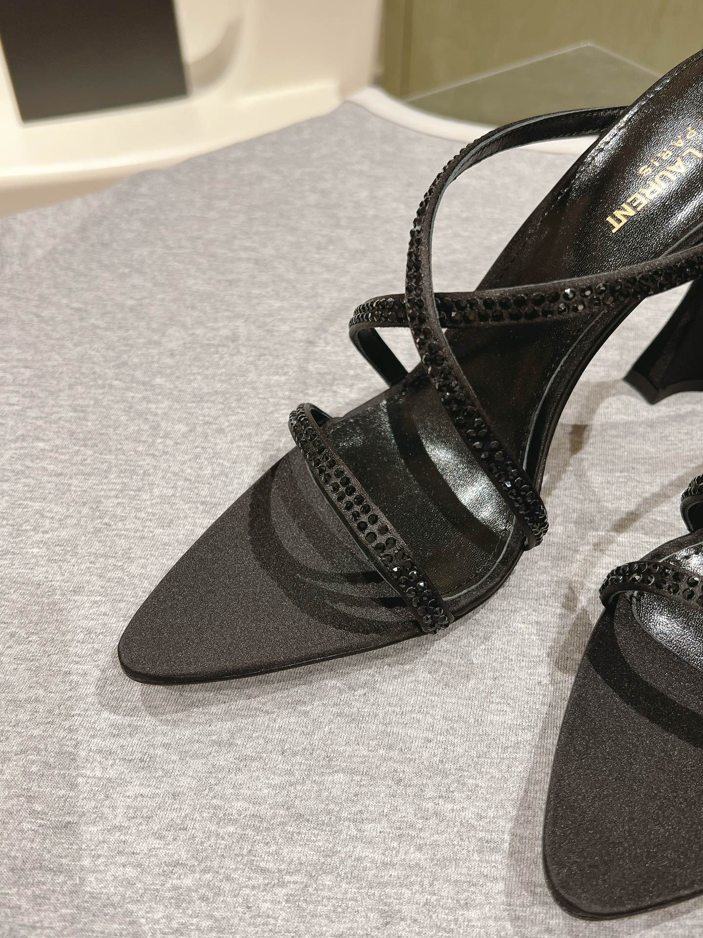 HIGH HEEL MULE 10 CM IN BLACK SATIN WITH RHINESTONES - 35