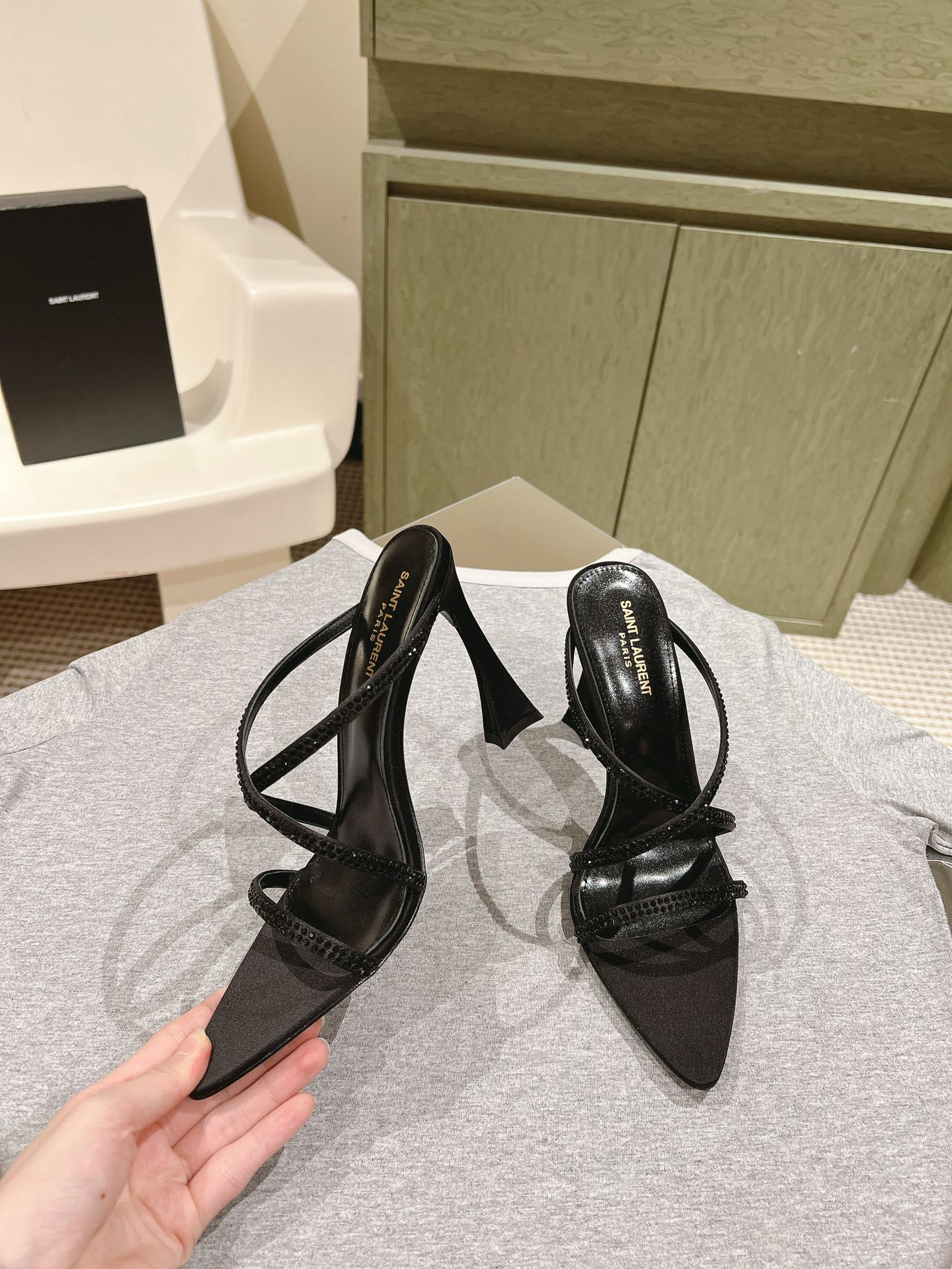 HIGH HEEL MULE 10 CM IN BLACK SATIN WITH RHINESTONES - 35