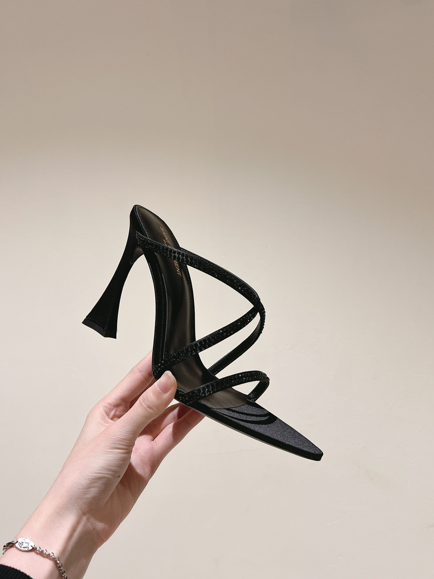 HIGH HEEL MULE 10 CM IN BLACK SATIN WITH RHINESTONES - 35