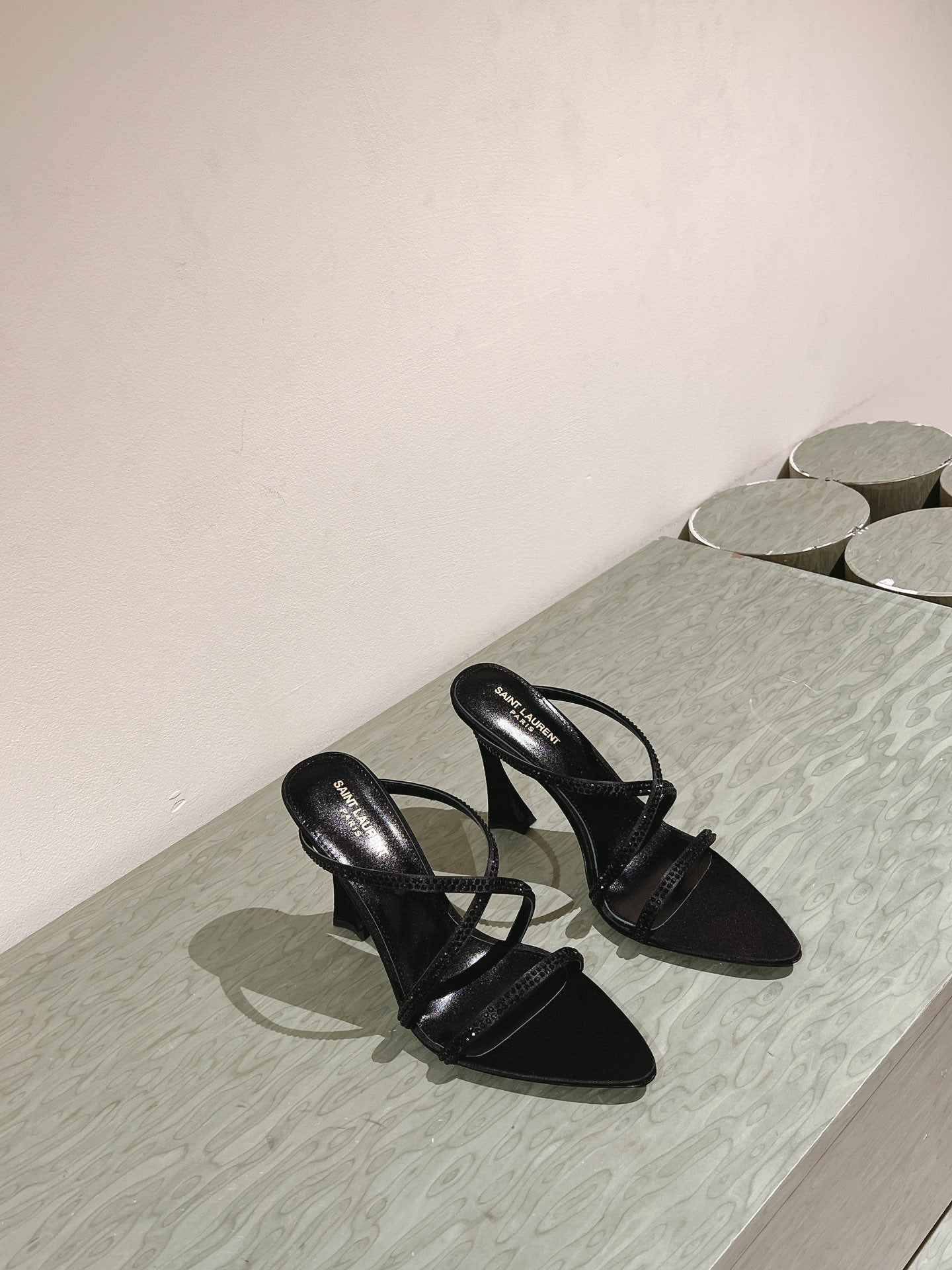 HIGH HEEL MULE 10 CM IN BLACK SATIN WITH RHINESTONES - 35