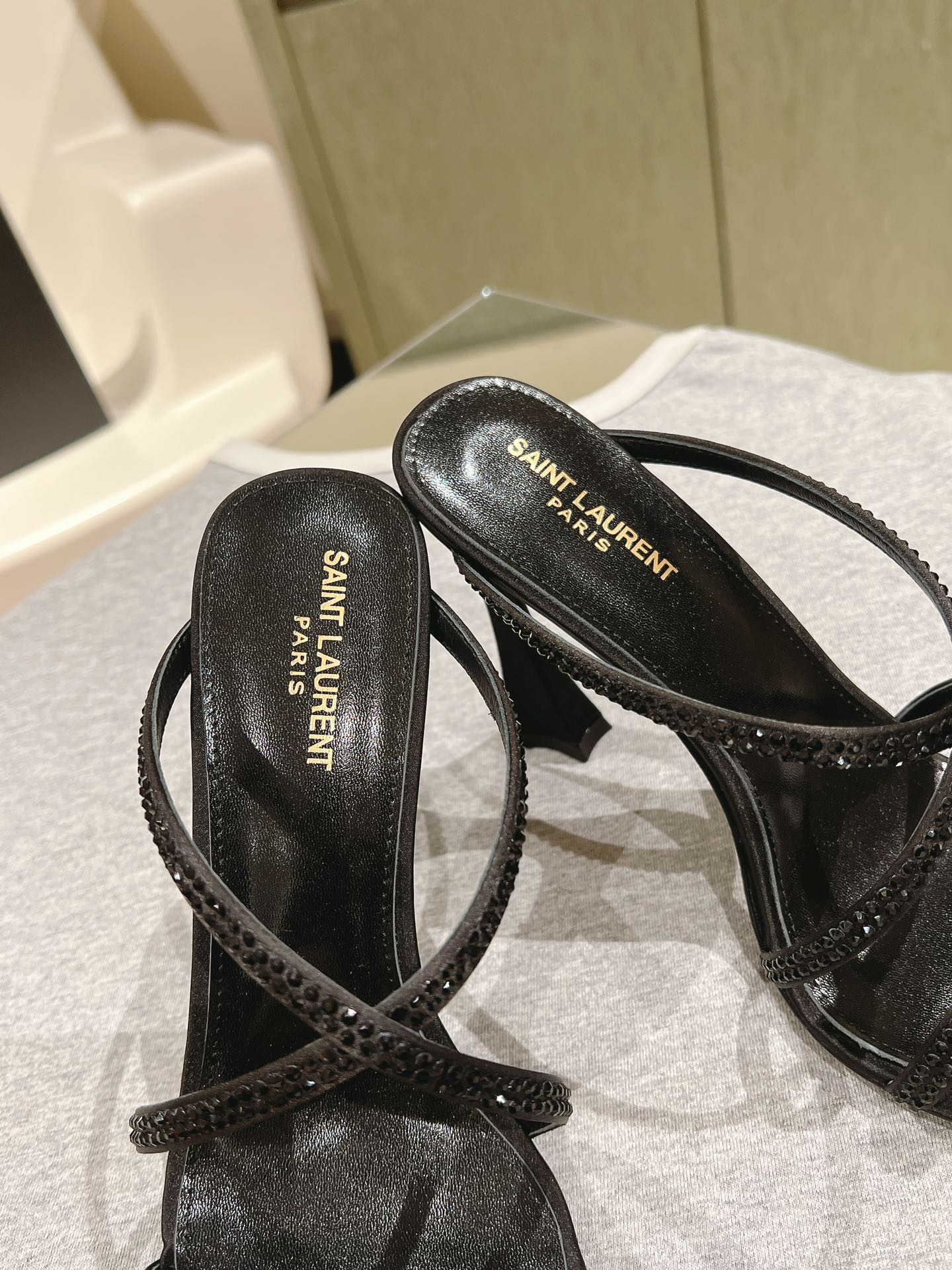 HIGH HEEL MULE 10 CM IN BLACK SATIN WITH RHINESTONES - 35