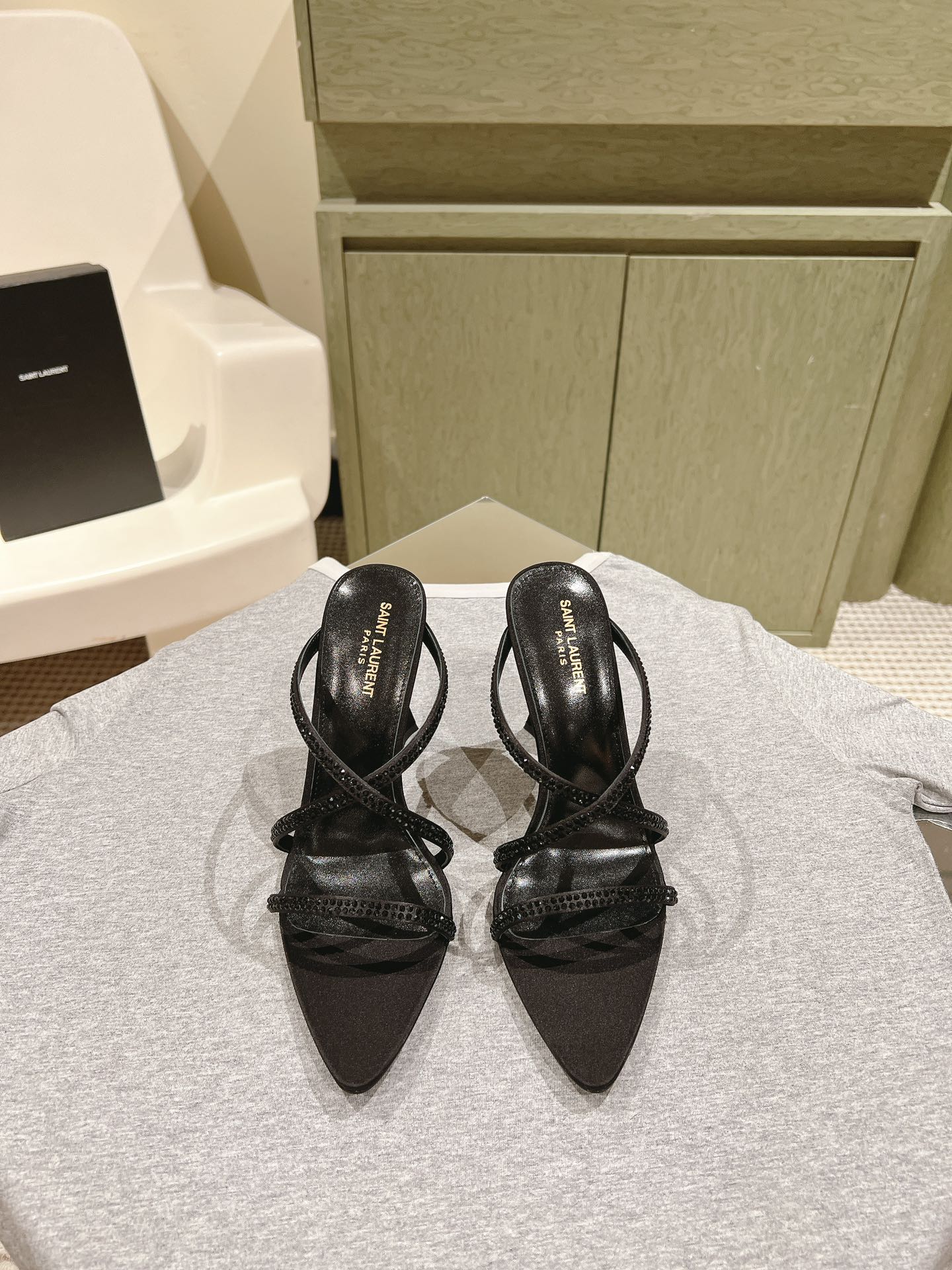 HIGH HEEL MULE 10 CM IN BLACK SATIN WITH RHINESTONES - 35
