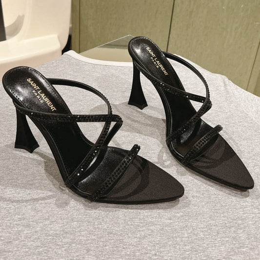 HIGH HEEL MULE 10 CM IN BLACK SATIN WITH RHINESTONES - 35