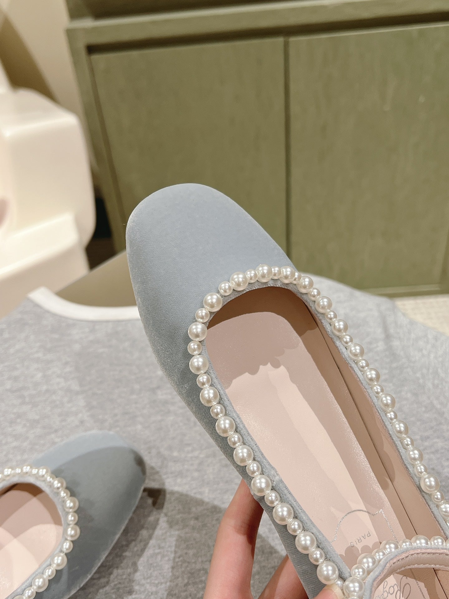 BALLERINAS MARY JANE IN GRAY SUEDE WITH PEARL TRIM - 35