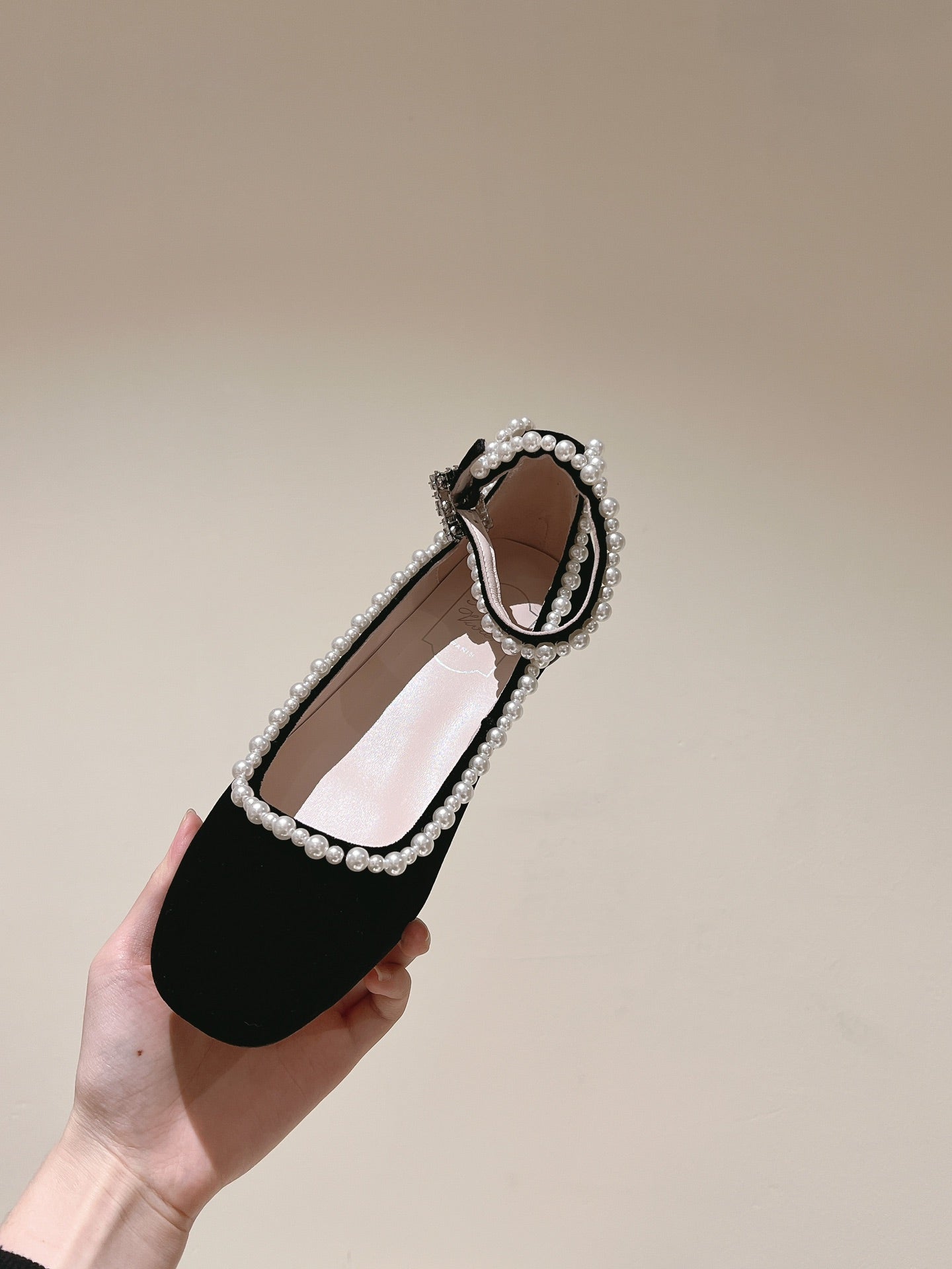 BALLERINAS MARY JANE IN BLACK SUEDE WITH PEARL TRIM - 35