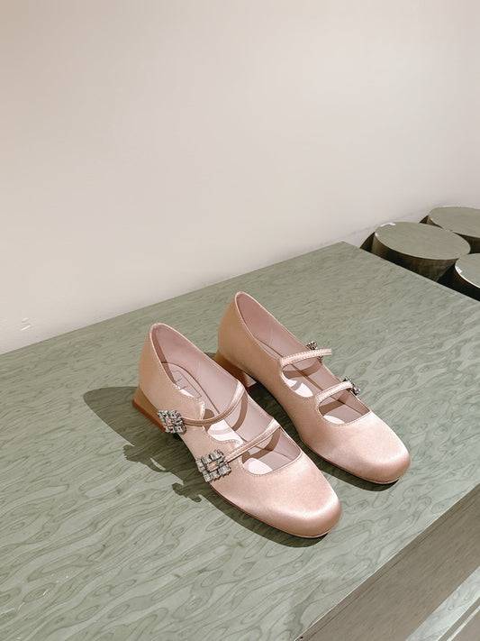 TRÈS VIVIER MARY JANE DOUBLE-STRAP IN NUDE SILK - 35