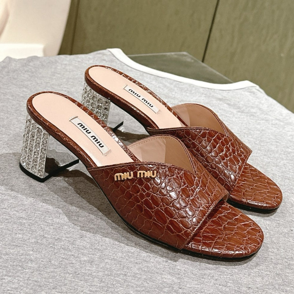 JEWELLED HEEL 55 MULE SANDALS IN RUSET BROWN CALFSKIN - 35