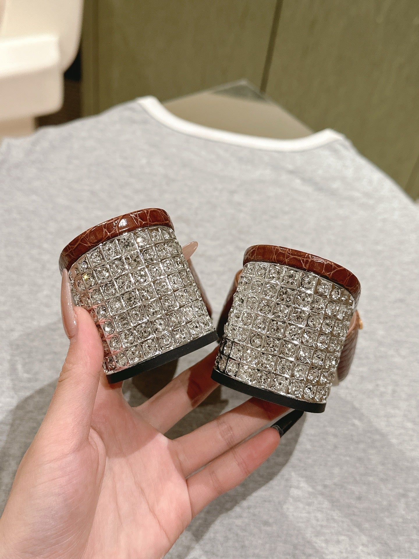JEWELLED HEEL 55 MULE SANDALS IN RUSET BROWN CALFSKIN - 35
