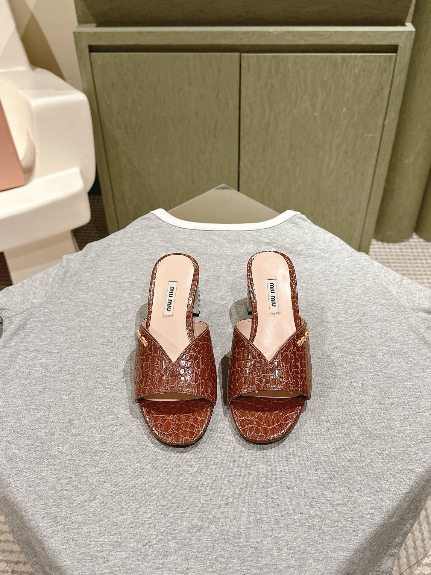 JEWELLED HEEL 55 MULE SANDALS IN RUSET BROWN CALFSKIN - 35