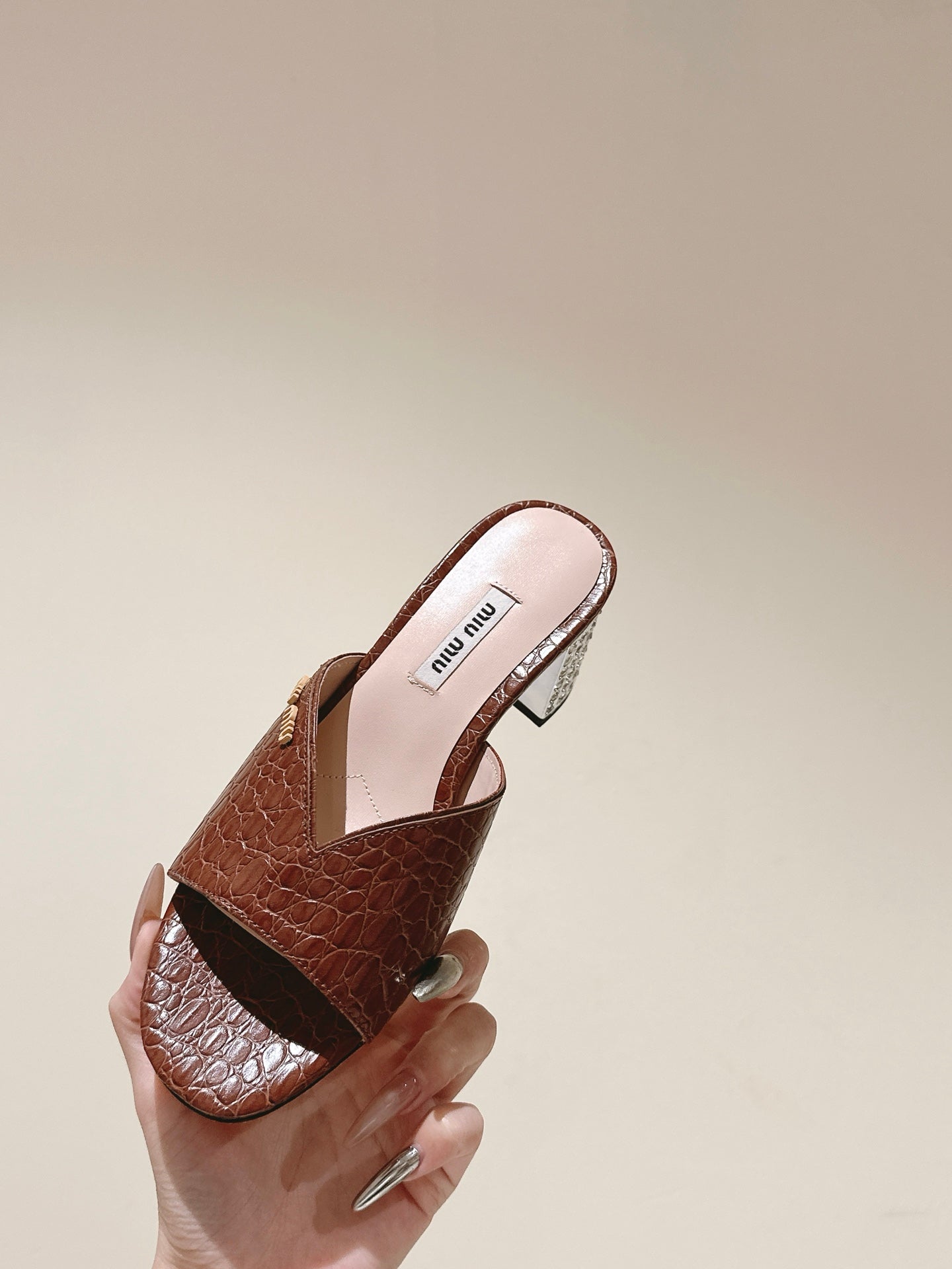 JEWELLED HEEL 55 MULE SANDALS IN RUSET BROWN CALFSKIN - 35
