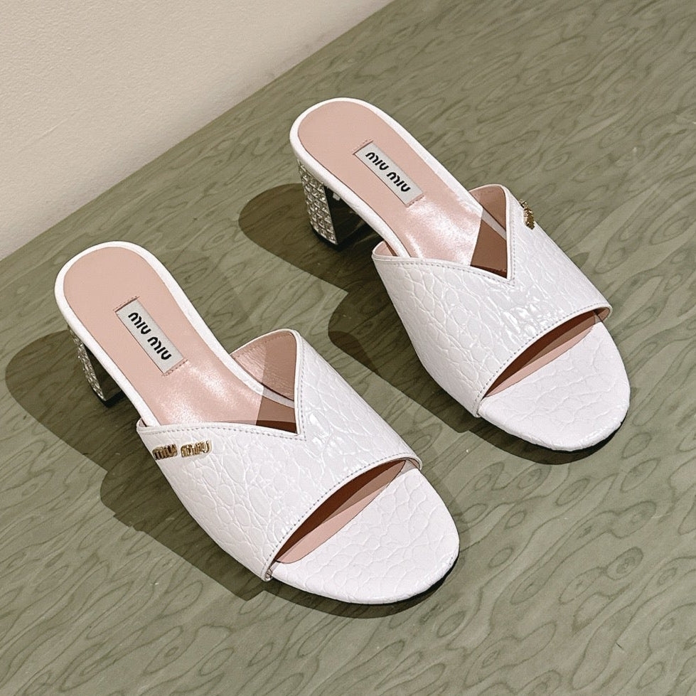 JEWELLED HEEL 55 MULE SANDALS IN WHITE CALFSKIN - 35