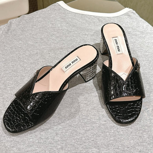JEWELLED HEEL 55 MULE SANDALS IN BLACK CALFSKIN - 35