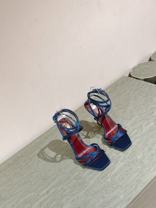 YSL 25S HIGH-HEEL SANDALS 100 MM IN DEEP NAVY BLUE SATIN WITH YSL LOGO HEEL DESIGN IN GOLD - 35