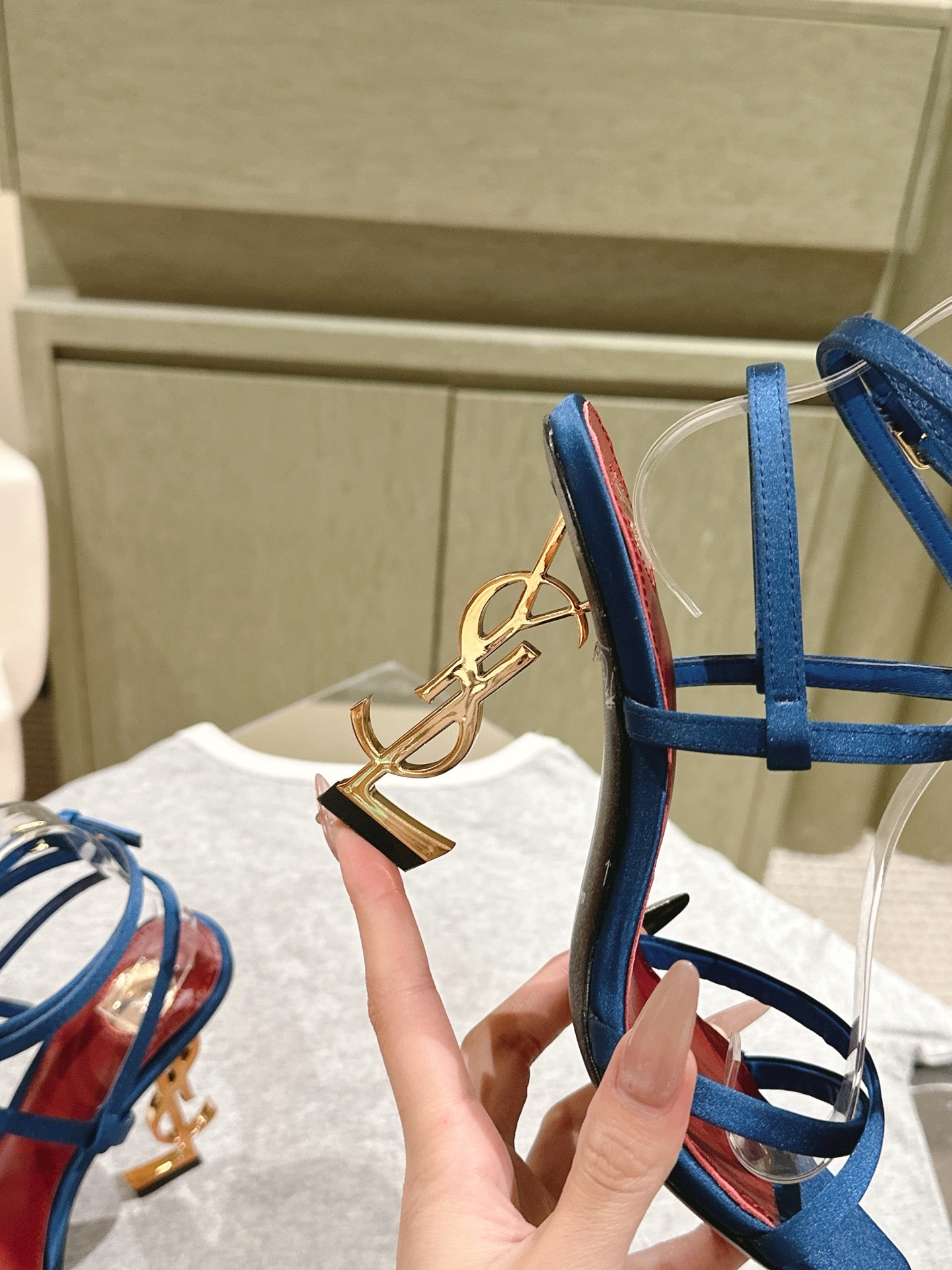 YSL 25S HIGH-HEEL SANDALS 100 MM IN DEEP NAVY BLUE SATIN WITH YSL LOGO HEEL DESIGN IN GOLD - 35