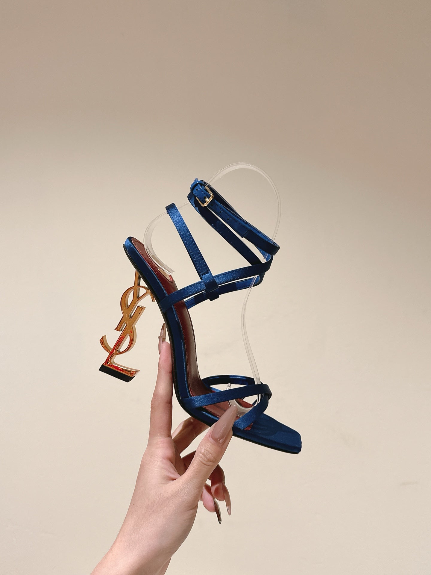 YSL 25S HIGH-HEEL SANDALS 100 MM IN DEEP NAVY BLUE SATIN WITH YSL LOGO HEEL DESIGN IN GOLD - 35