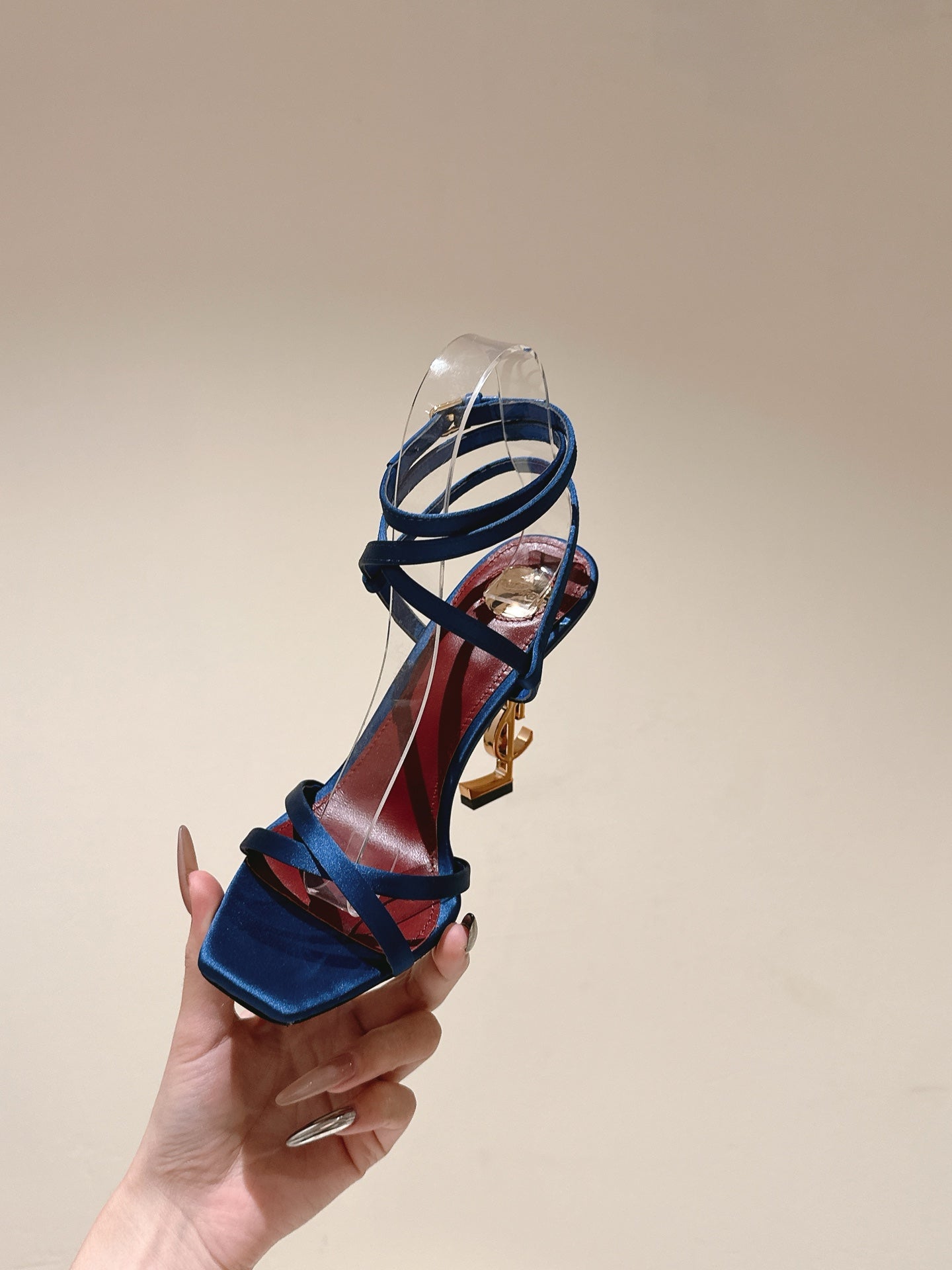 YSL 25S HIGH-HEEL SANDALS 100 MM IN DEEP NAVY BLUE SATIN WITH YSL LOGO HEEL DESIGN IN GOLD - 35