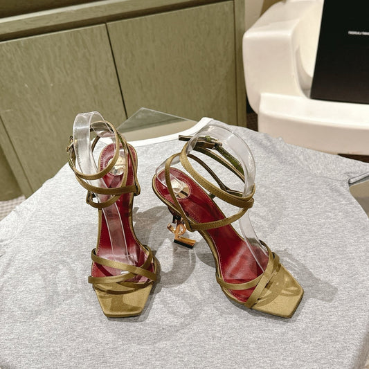 YSL 25S HIGH-HEEL SANDALS 100 MM IN MOSS GREEN SATIN WITH YSL LOGO HEEL DESIGN IN GOLD - 35