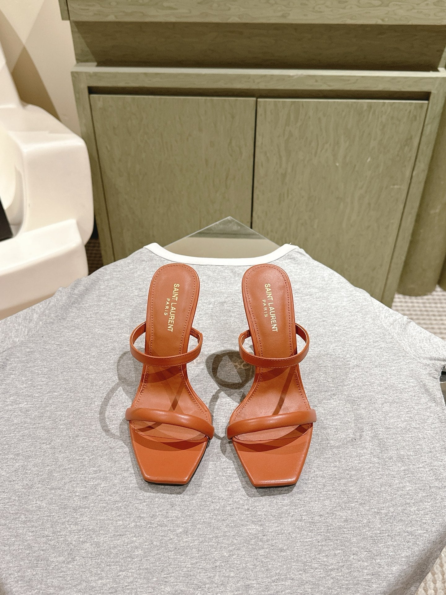 YSL 25S OPYUM HIGH-HEEL SANDALS 100 MM IN BURNT ORANGE BROWN LAMBSKIN - 35