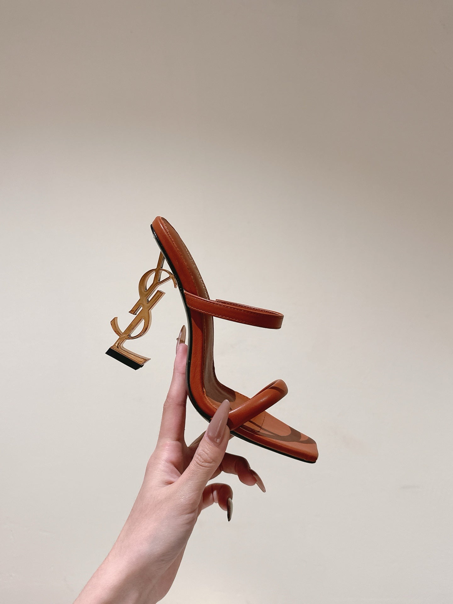 YSL 25S OPYUM HIGH-HEEL SANDALS 100 MM IN BURNT ORANGE BROWN LAMBSKIN - 35