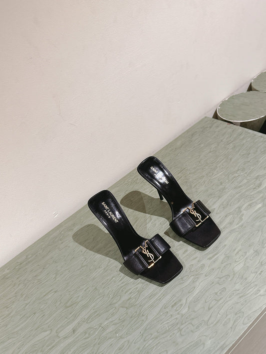 YSL 25S SQUARE-TOE HIGH-HEEL SANDALS 100 MM IN BLACK LAMBSKIN WITH GOLD HARDWARE - 35