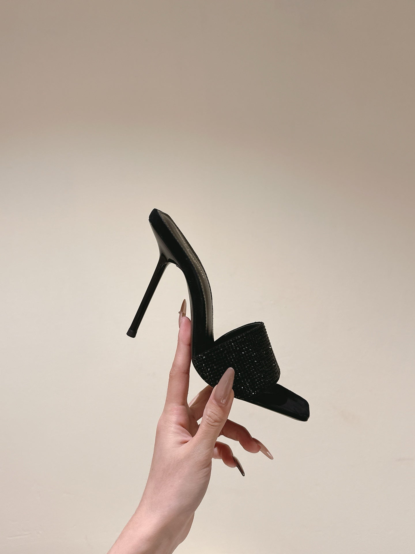 YSL 25S HEELED SANDALS 100 MM IN BLACK LAMBSKIN WITH RHINESTONE-EMBELLISHED STRAP - 35