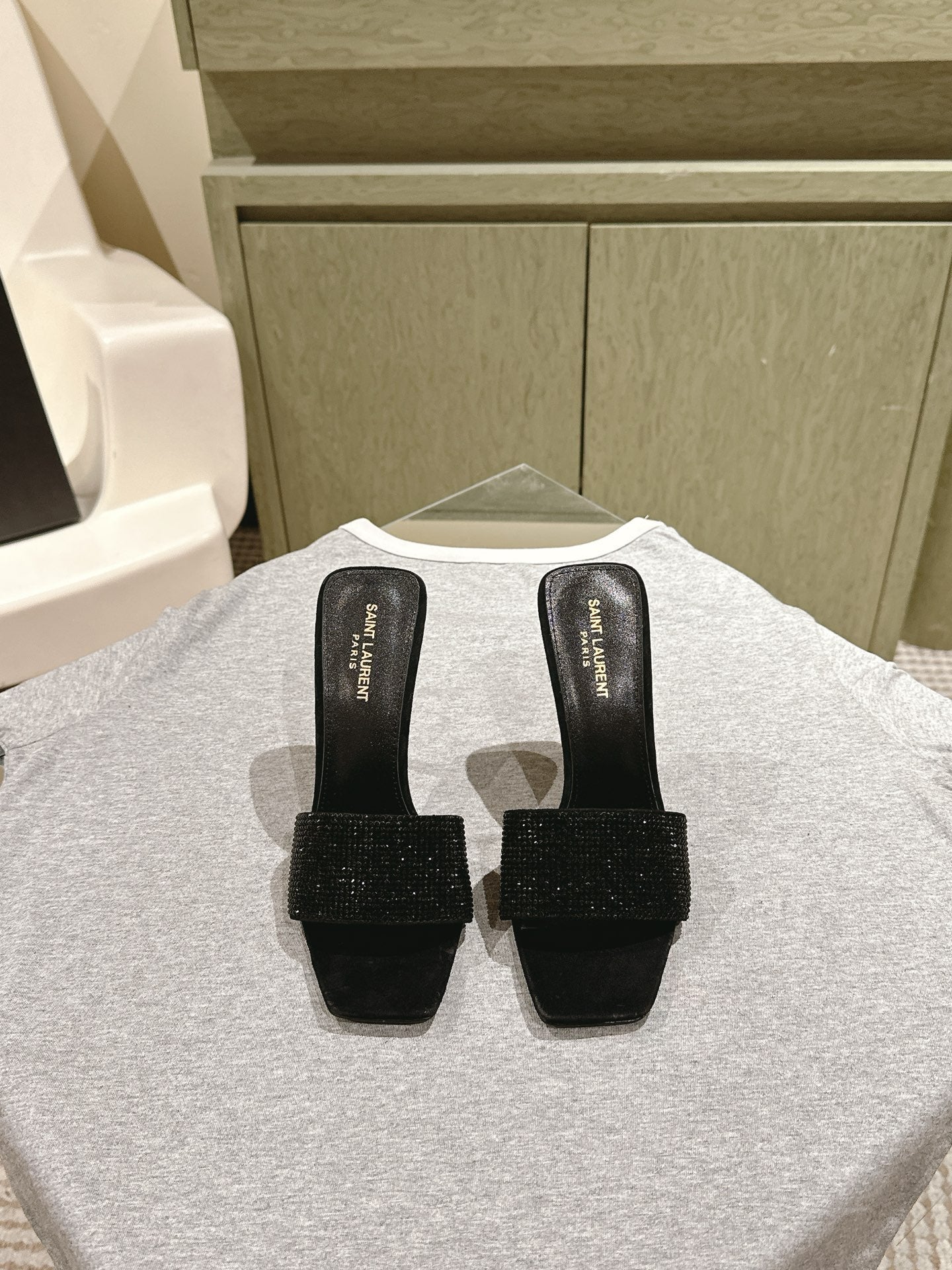 YSL 25S HEELED SANDALS 100 MM IN BLACK LAMBSKIN WITH RHINESTONE-EMBELLISHED STRAP - 35