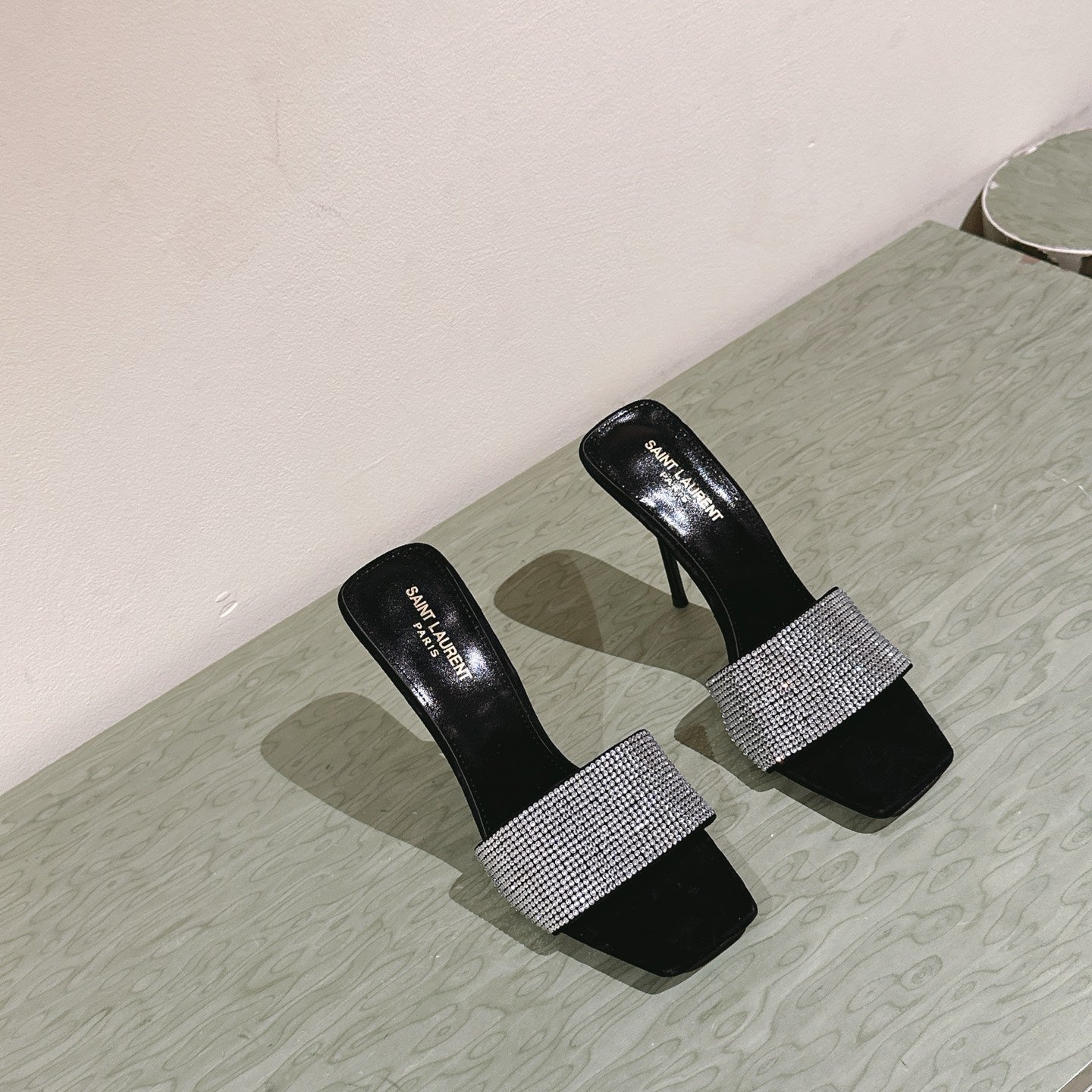 YSL 25S HEELED SANDALS 100 MM IN BLACK LAMBSKIN WITH WHITE RHINESTONE-EMBELLISHED STRAP - 35