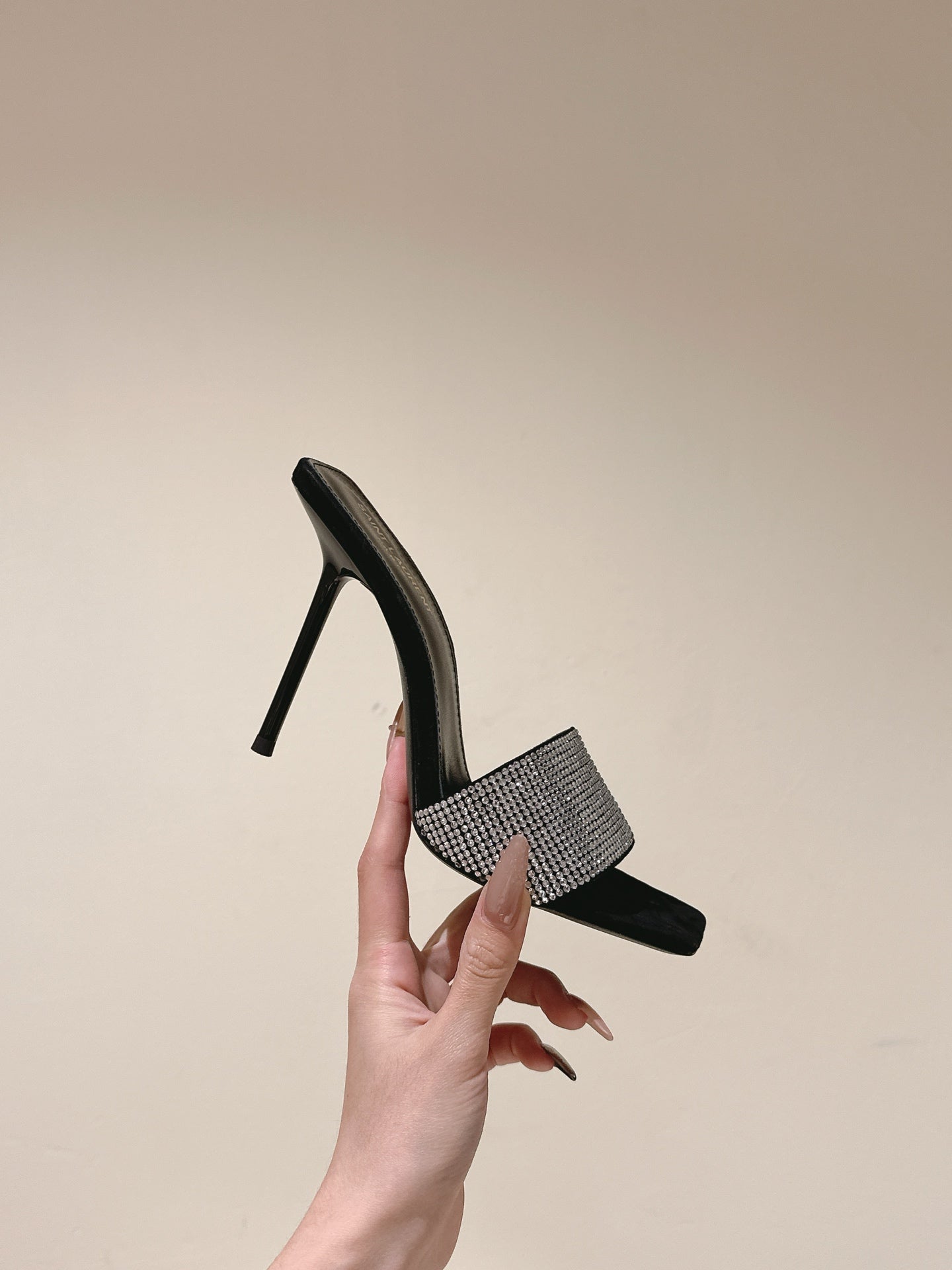 YSL 25S HEELED SANDALS 100 MM IN BLACK LAMBSKIN WITH WHITE RHINESTONE-EMBELLISHED STRAP - 35