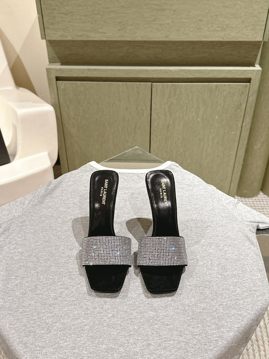 YSL 25S HEELED SANDALS 100 MM IN BLACK LAMBSKIN WITH WHITE RHINESTONE-EMBELLISHED STRAP - 35