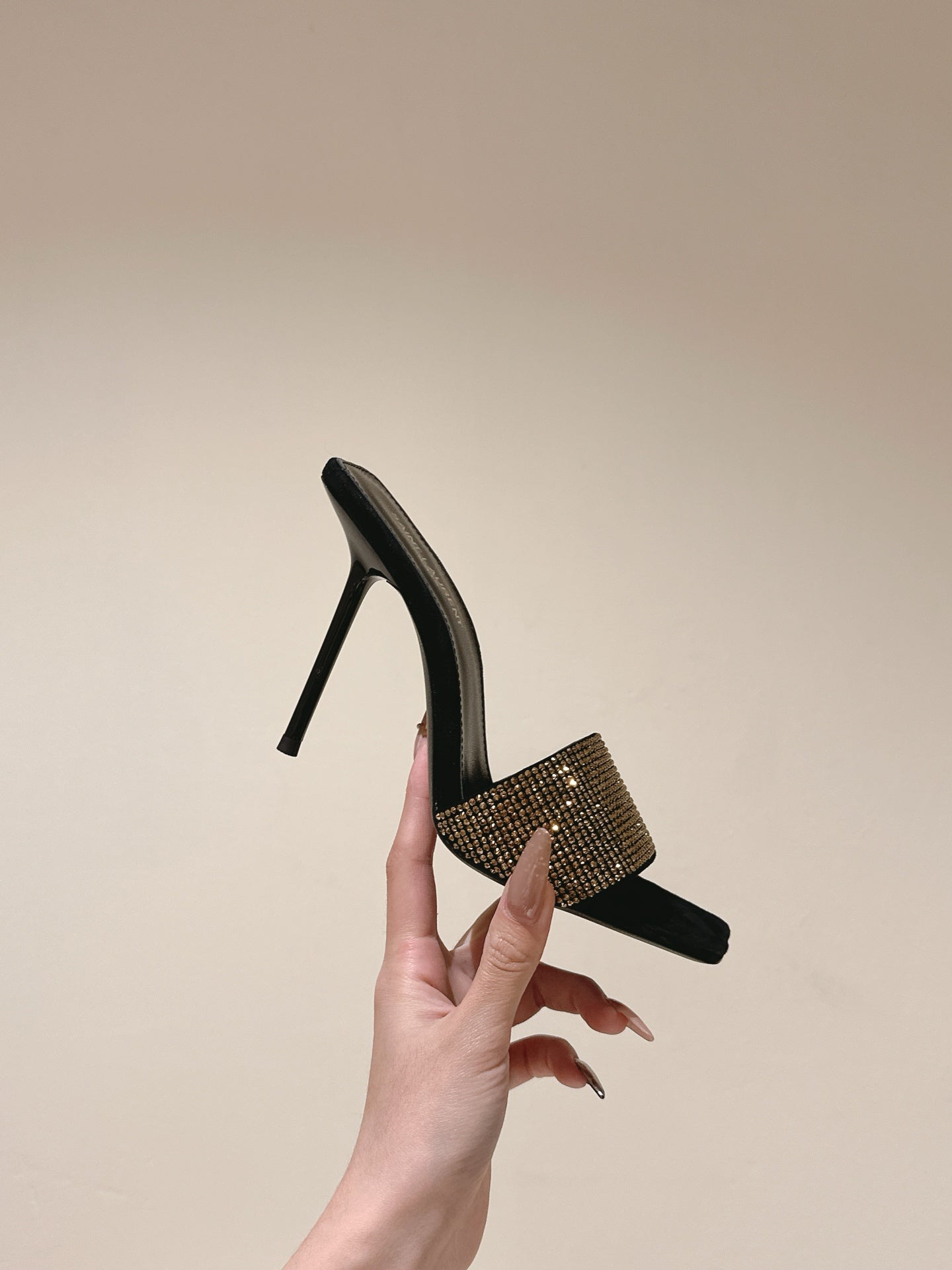 YSL 25S HEELED SANDALS 100 MM IN BLACK LAMBSKIN WITH GOLD RHINESTONE-EMBELLISHED STRAP - 35