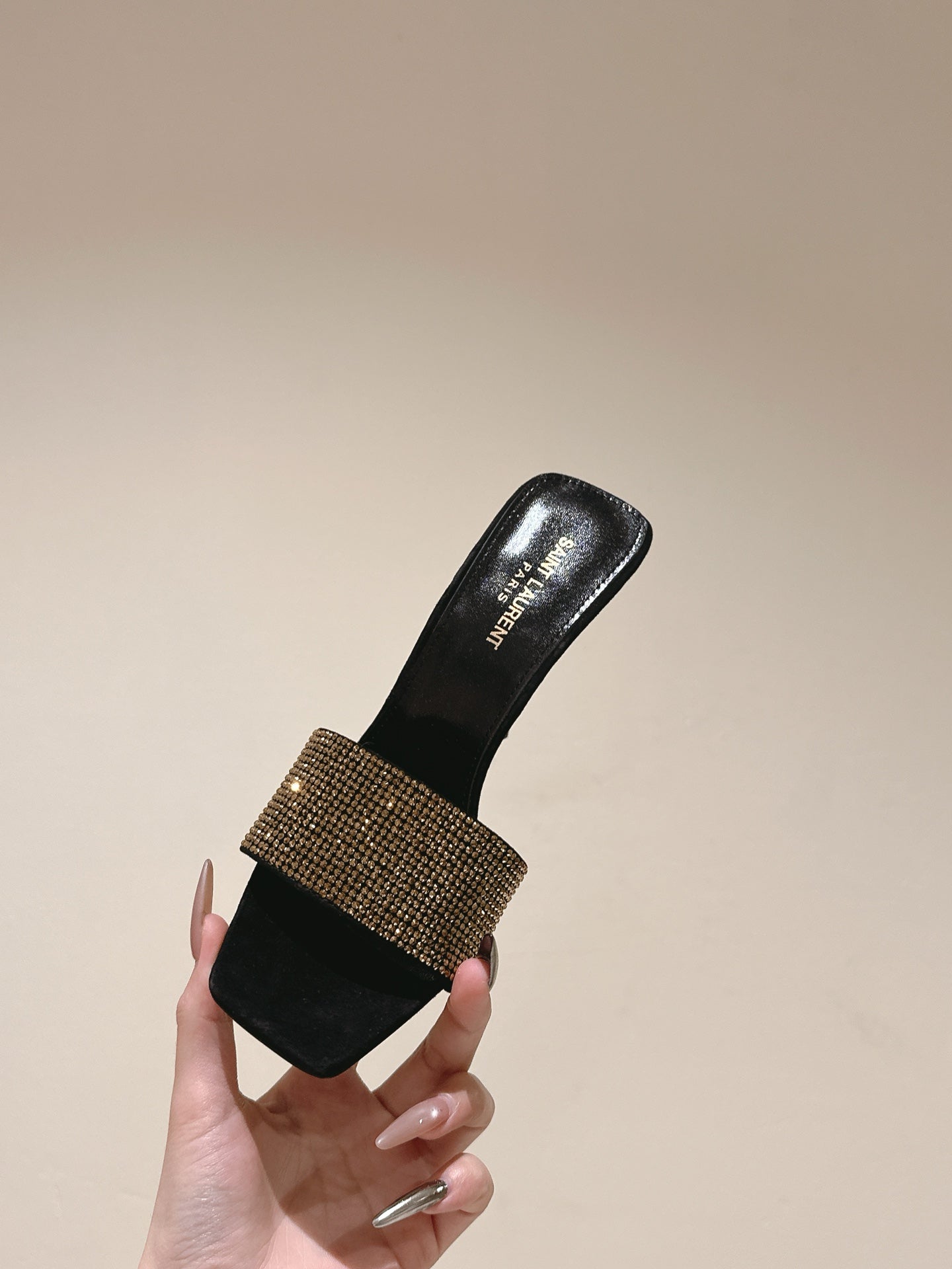 YSL 25S HEELED SANDALS 100 MM IN BLACK LAMBSKIN WITH GOLD RHINESTONE-EMBELLISHED STRAP - 35