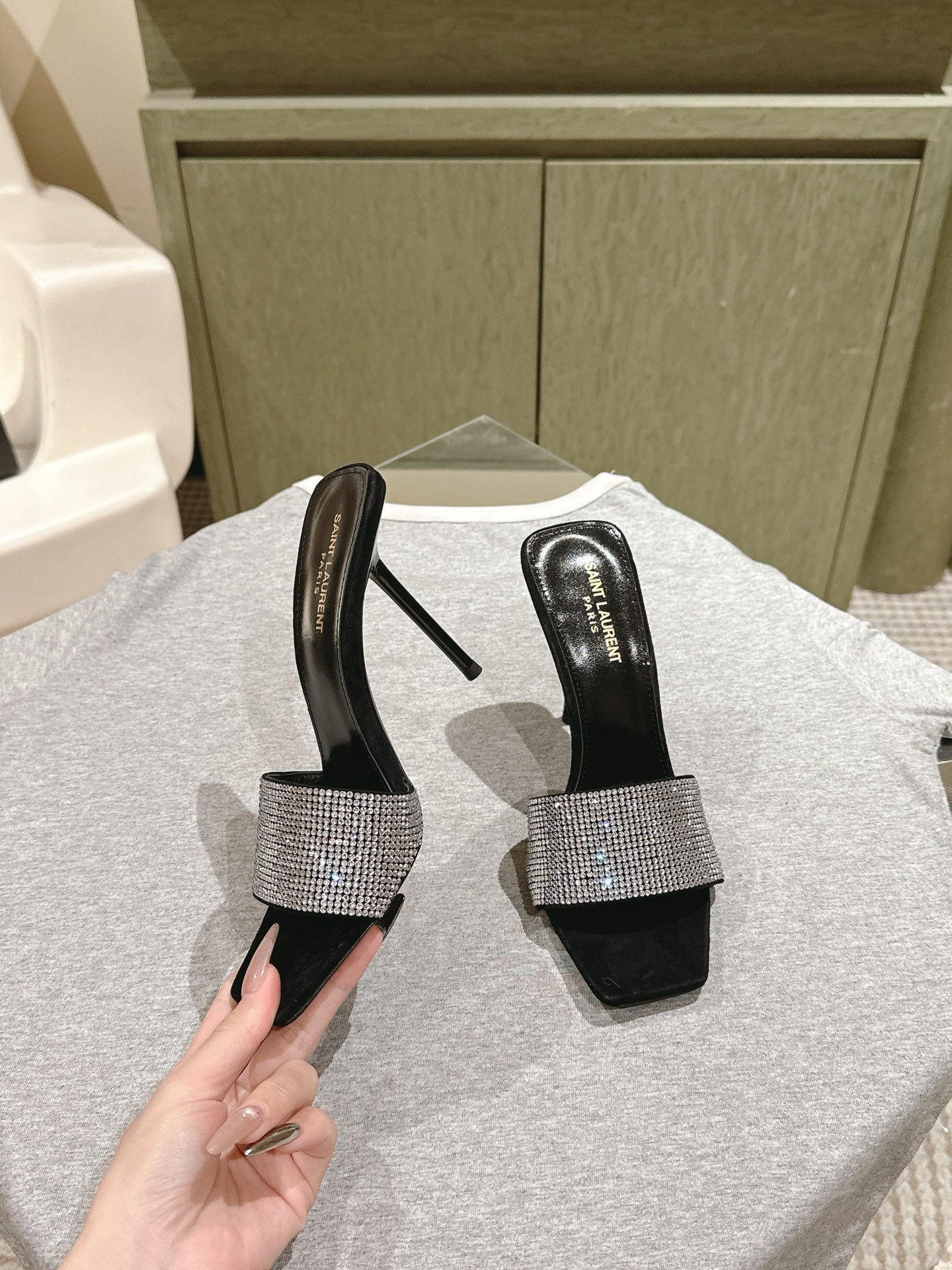 YSL 25S HEELED SANDALS 100 MM IN BLACK LAMBSKIN WITH WHITE RHINESTONE-EMBELLISHED STRAP - 35