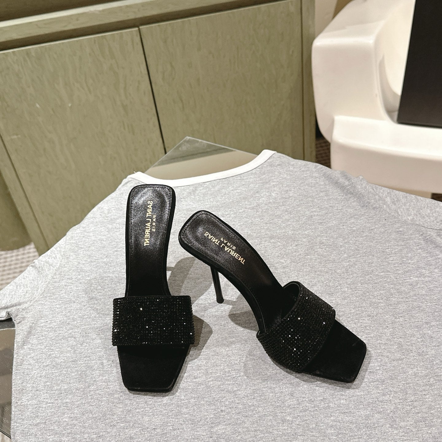 YSL 25S HEELED SANDALS 100 MM IN BLACK LAMBSKIN WITH RHINESTONE-EMBELLISHED STRAP - 35