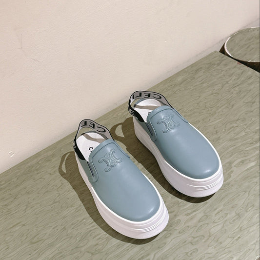 THICK-SOLED ELASTIC BACKLESS SHOES GRANNY SMITH BLUE SHINY CALFSKIN - 35