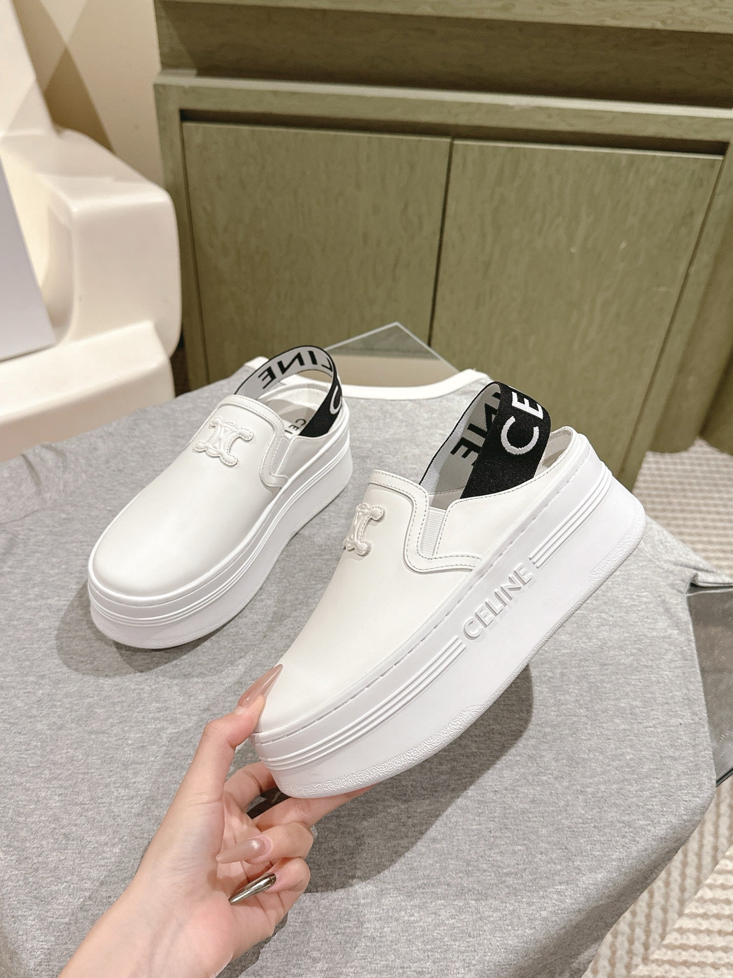 THICK-SOLED ELASTIC BACKLESS SHOES WHITE SHINY CALFSKIN - 35