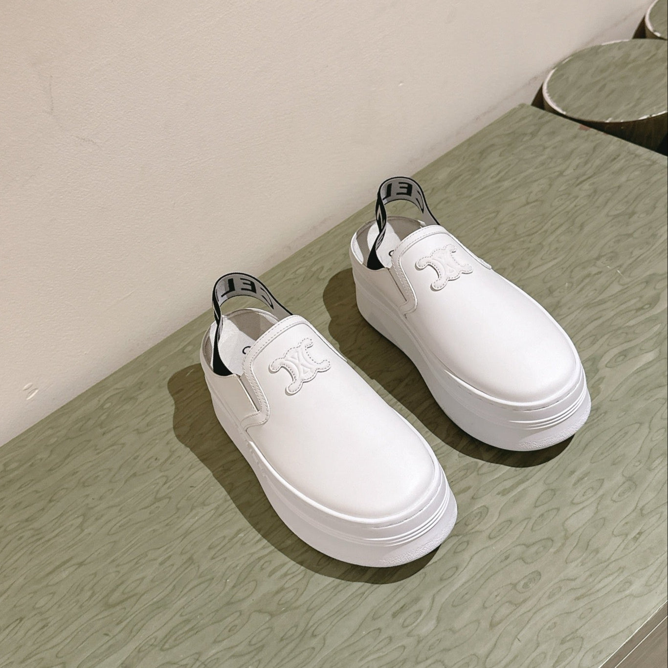 THICK-SOLED ELASTIC BACKLESS SHOES WHITE SHINY CALFSKIN - 35