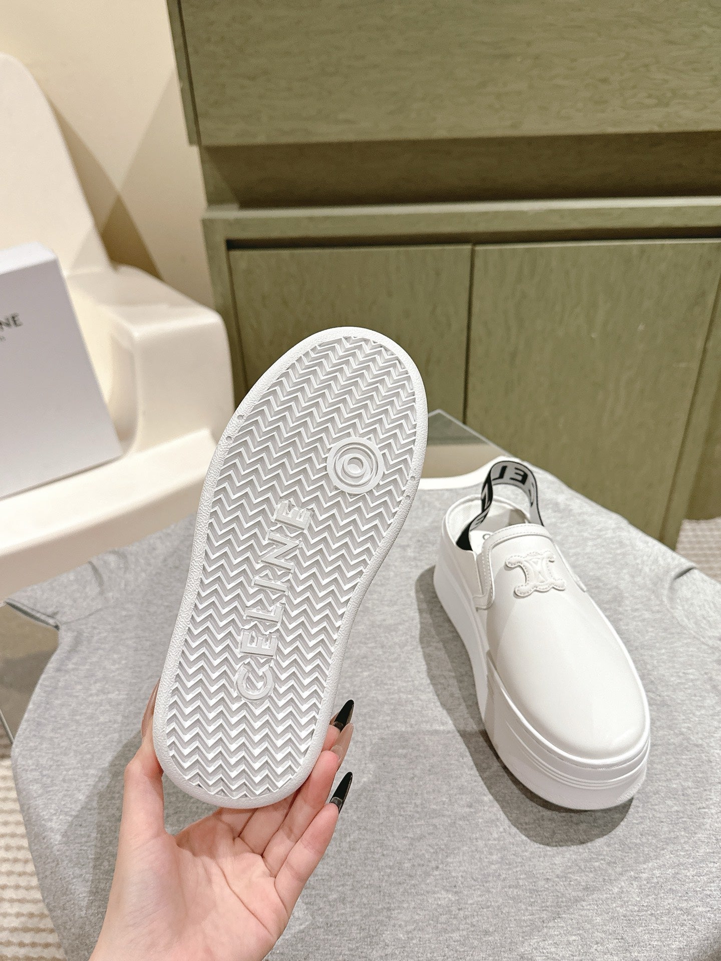 THICK-SOLED ELASTIC BACKLESS SHOES WHITE SHINY CALFSKIN - 35