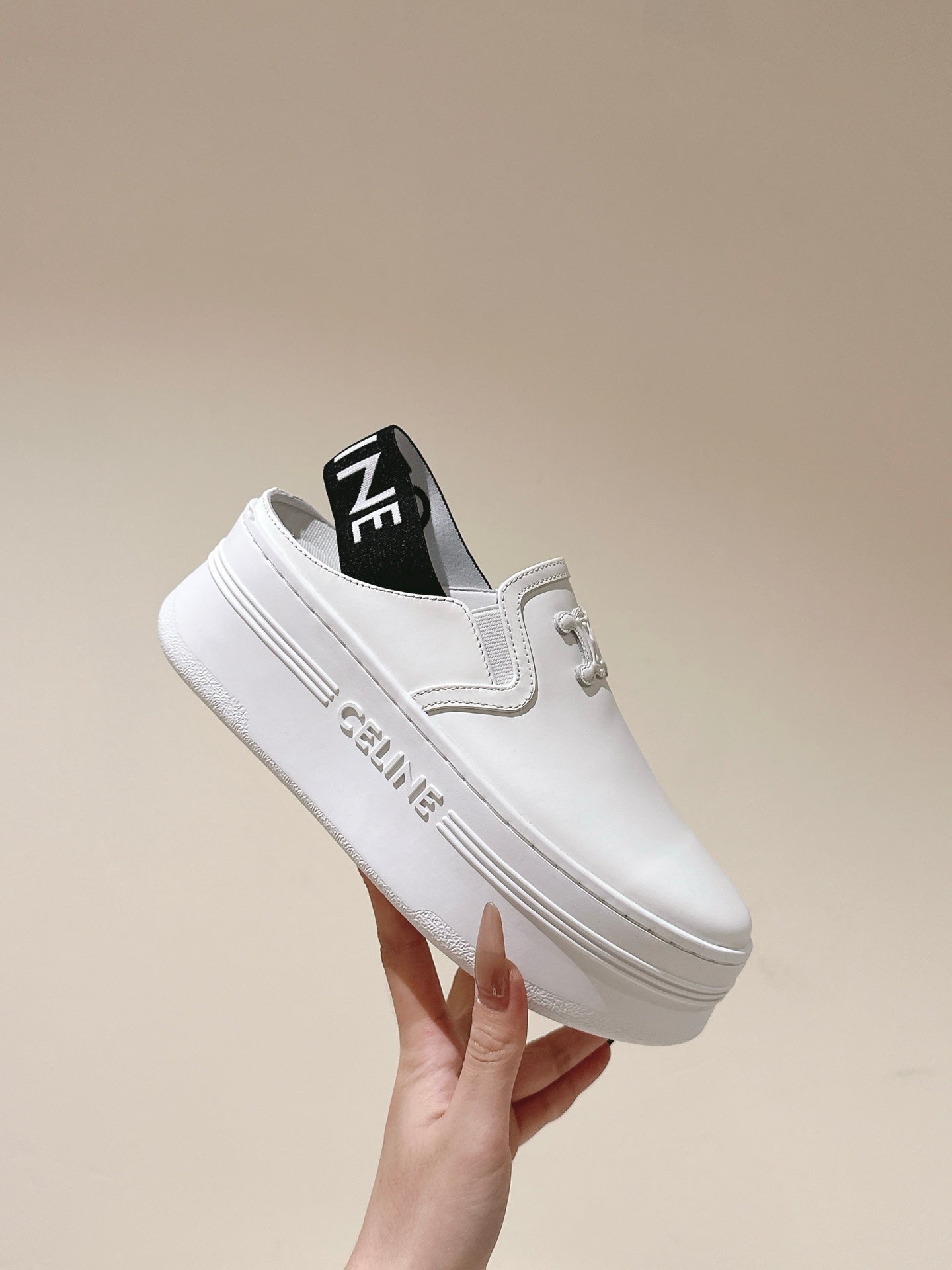 THICK-SOLED ELASTIC BACKLESS SHOES WHITE SHINY CALFSKIN - 35