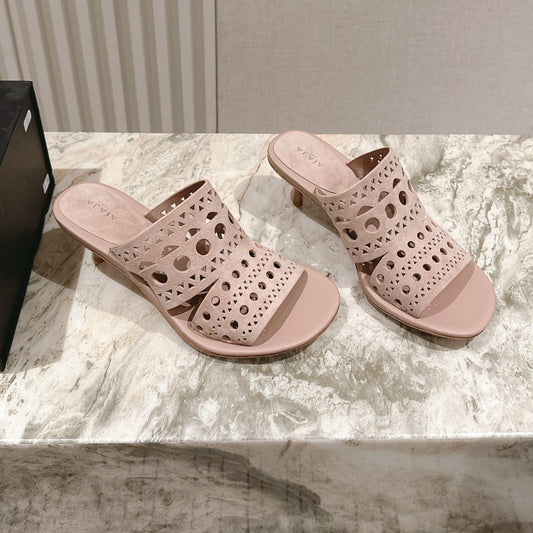 ALAIA HIGH HEEL CHUNKY TWO-STRAP 25S IN PINK BEIGE SUEDE - 35