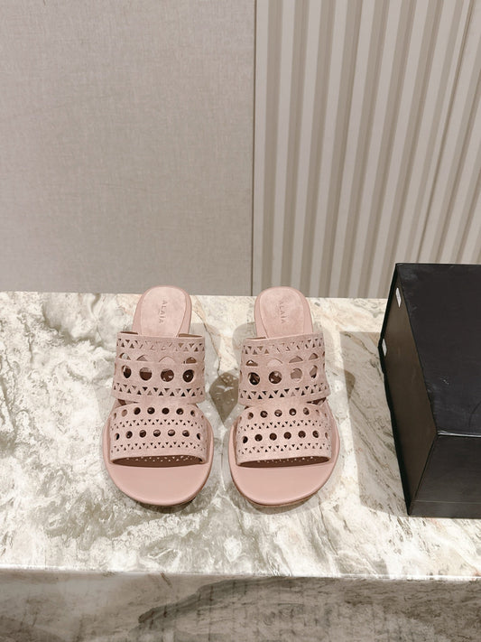 ALAIA HIGH HEEL CHUNKY TWO-STRAP 25S IN PINK BEIGE SUEDE - 35