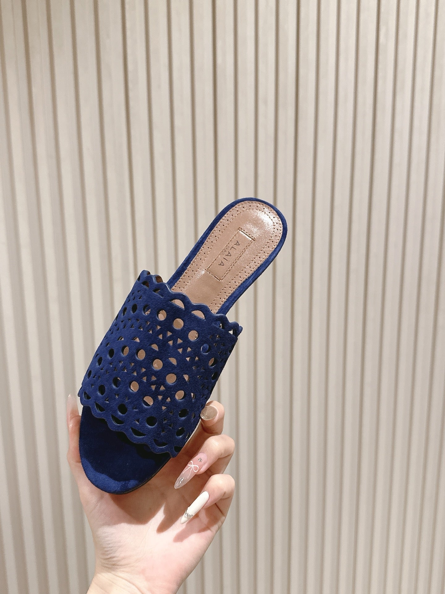 ALAIA PERFORATED SLIDE SANDALS 25S IN NAVY BLUE SUEDE - 35