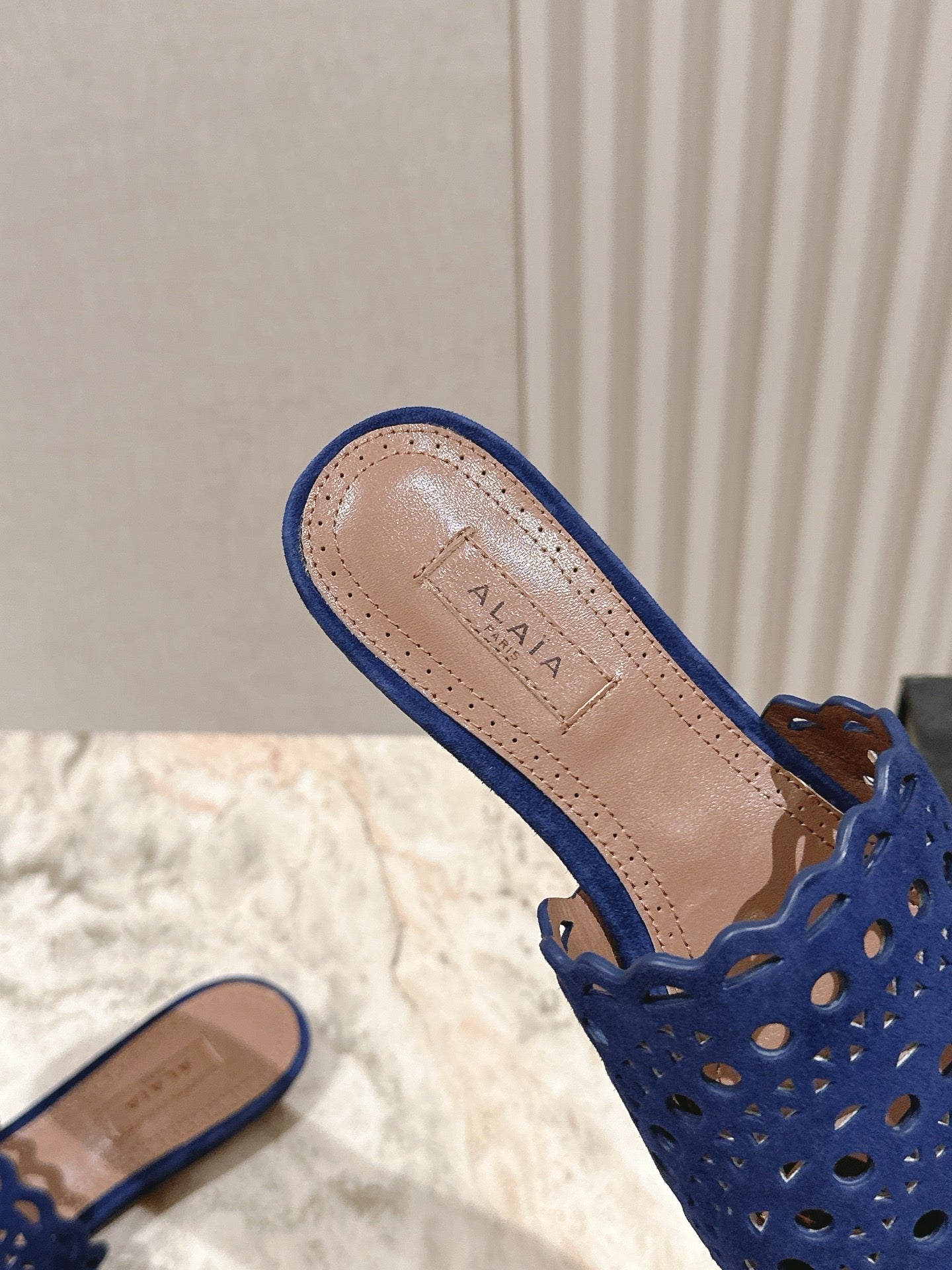 ALAIA PERFORATED SLIDE SANDALS 25S IN NAVY BLUE SUEDE - 35