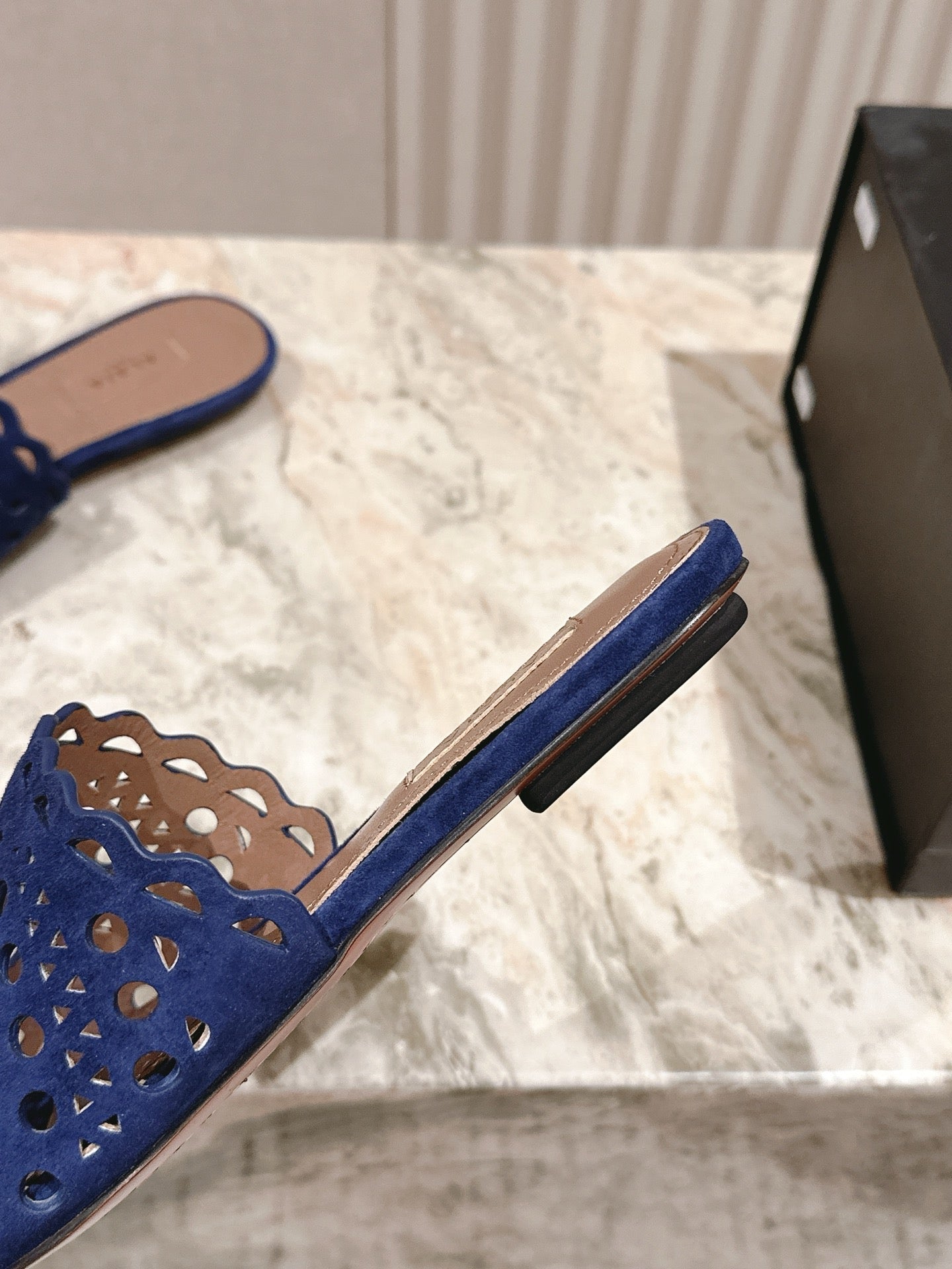 ALAIA PERFORATED SLIDE SANDALS 25S IN NAVY BLUE SUEDE - 35
